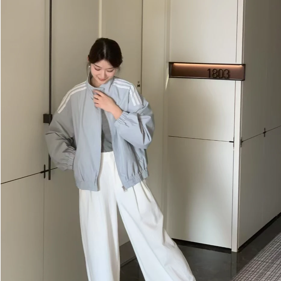 春季简约韩系长袖女立领拼接拉链短外套上衣【2568】