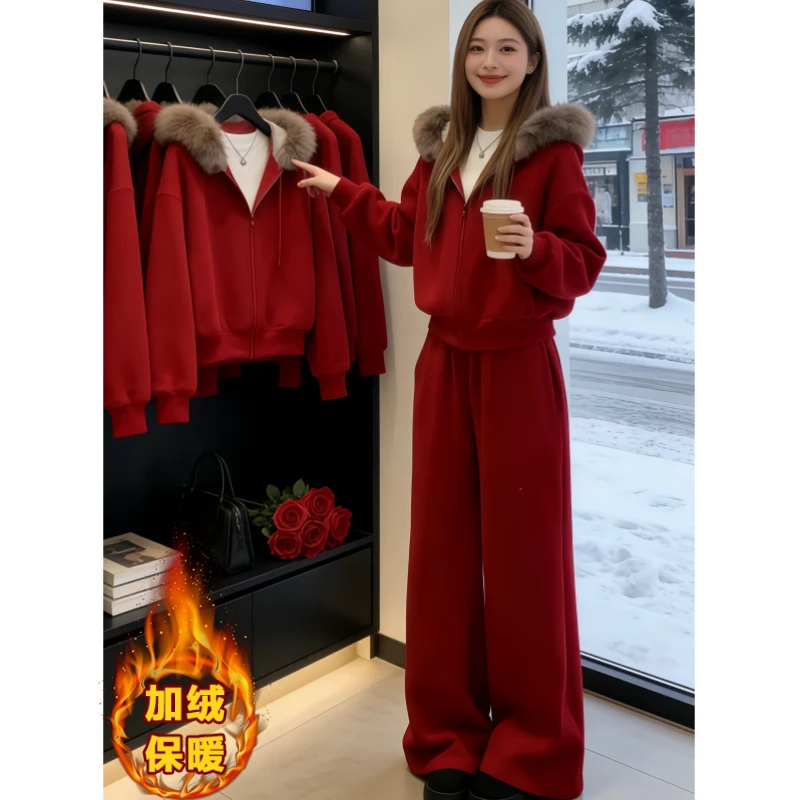 时髦洋气加绒穿搭一整套女2025冬新款毛领外套搭阔腿裤休闲两件套