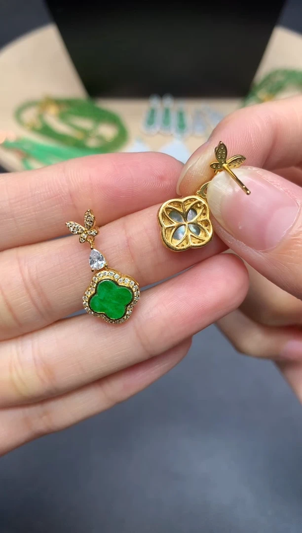 【闪购商品】翡翠耳饰银S925镶嵌四叶草【多样性发其一】