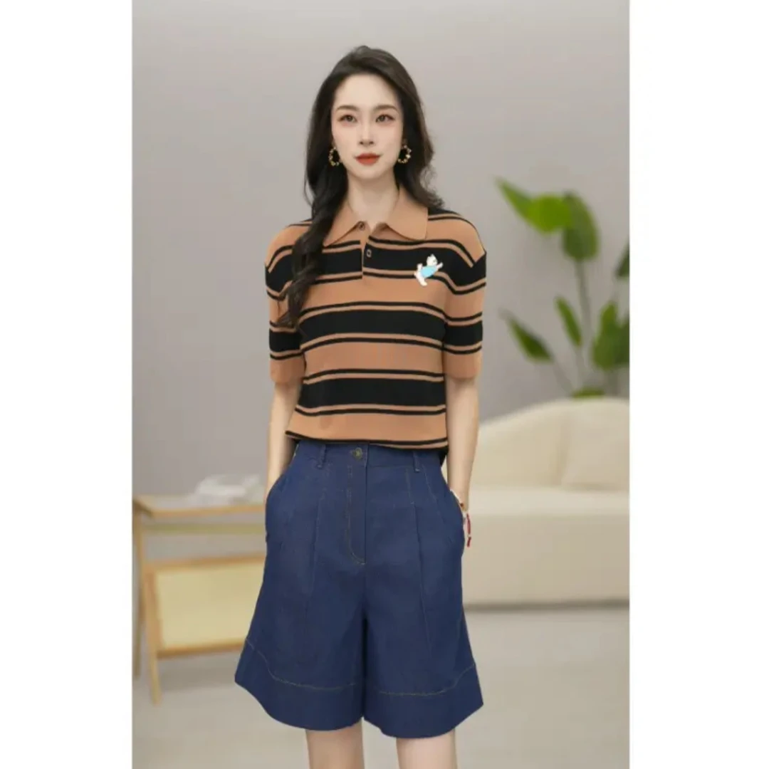 哥弟极简风短袖POLO领条纹女毛针织衫撞色休闲时尚百搭138023