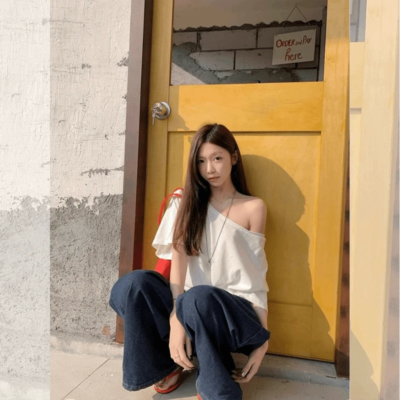 辣妹高级感ins斜肩纯欲性感上衣T恤女夏季一字领露肩宽松气质短袖