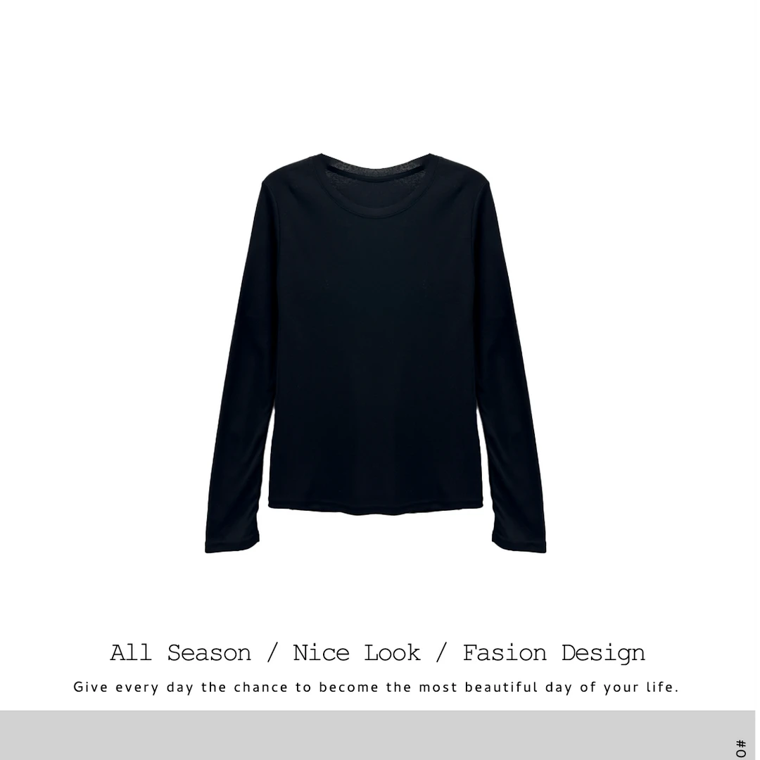 135 简约纯色圆领长袖T恤女春秋修身显瘦正肩内搭打底衫#1053