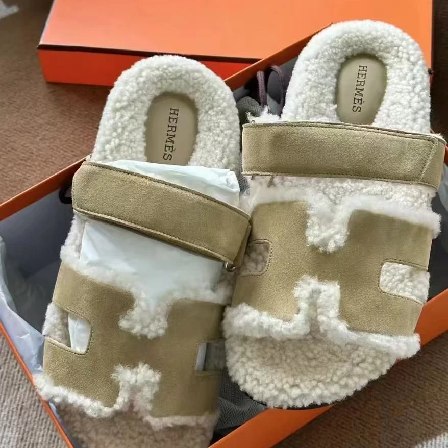 95新 Hermes/爱马仕 大理石米色二舅鞋 毛毛拖泰迪鞋 38.5码