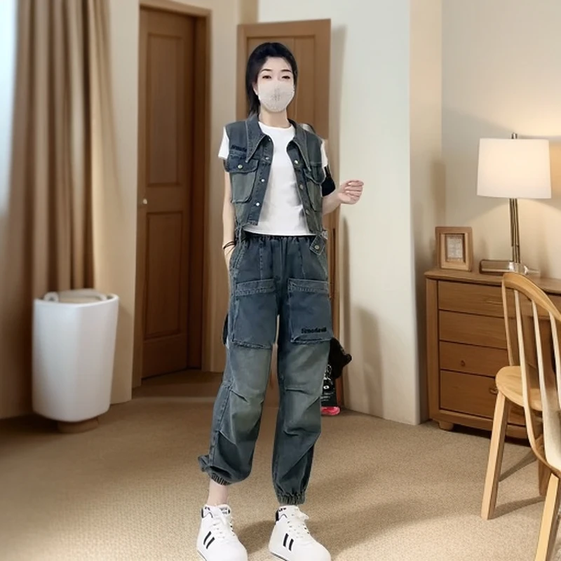韩版工装牛仔马甲套装女2025秋季新款时尚宽松洋气马甲裤子两件套