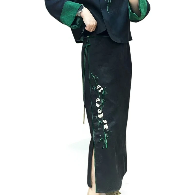 【竹韵】香云纱龟裂纹腰头刺绣熊猫开叉半裙&长裤