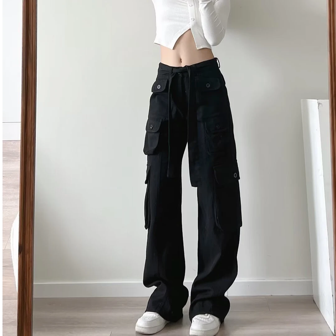 早春工装高腰阔腿牛仔裤女款高品质新款多口袋阔腿工装裤