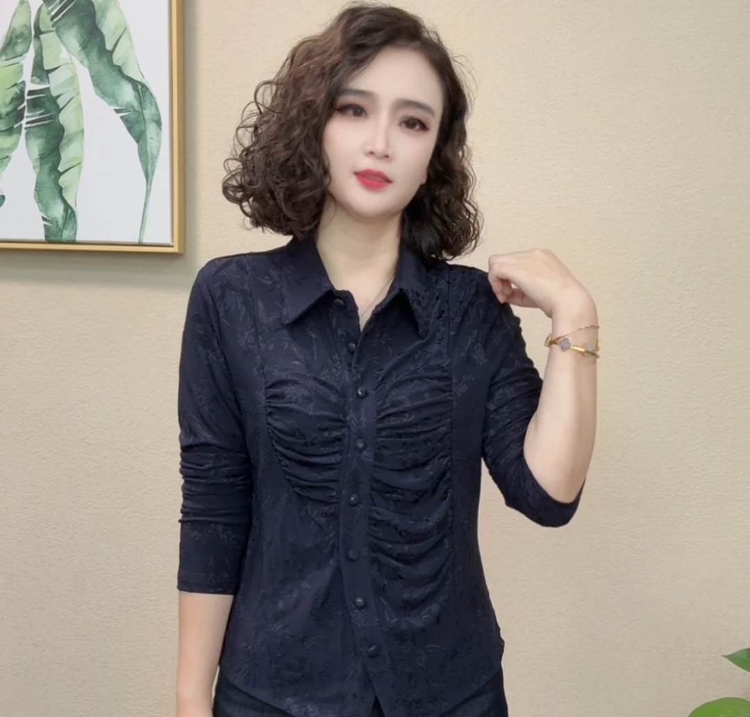 2025秋季新款时尚洋气翻领长袖显瘦褶皱休闲百搭女士上衣#846214