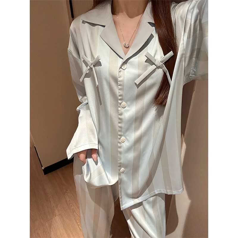 高级感韩系少女条纹冰丝睡衣女春秋2025新款长袖长裤家居服两件套