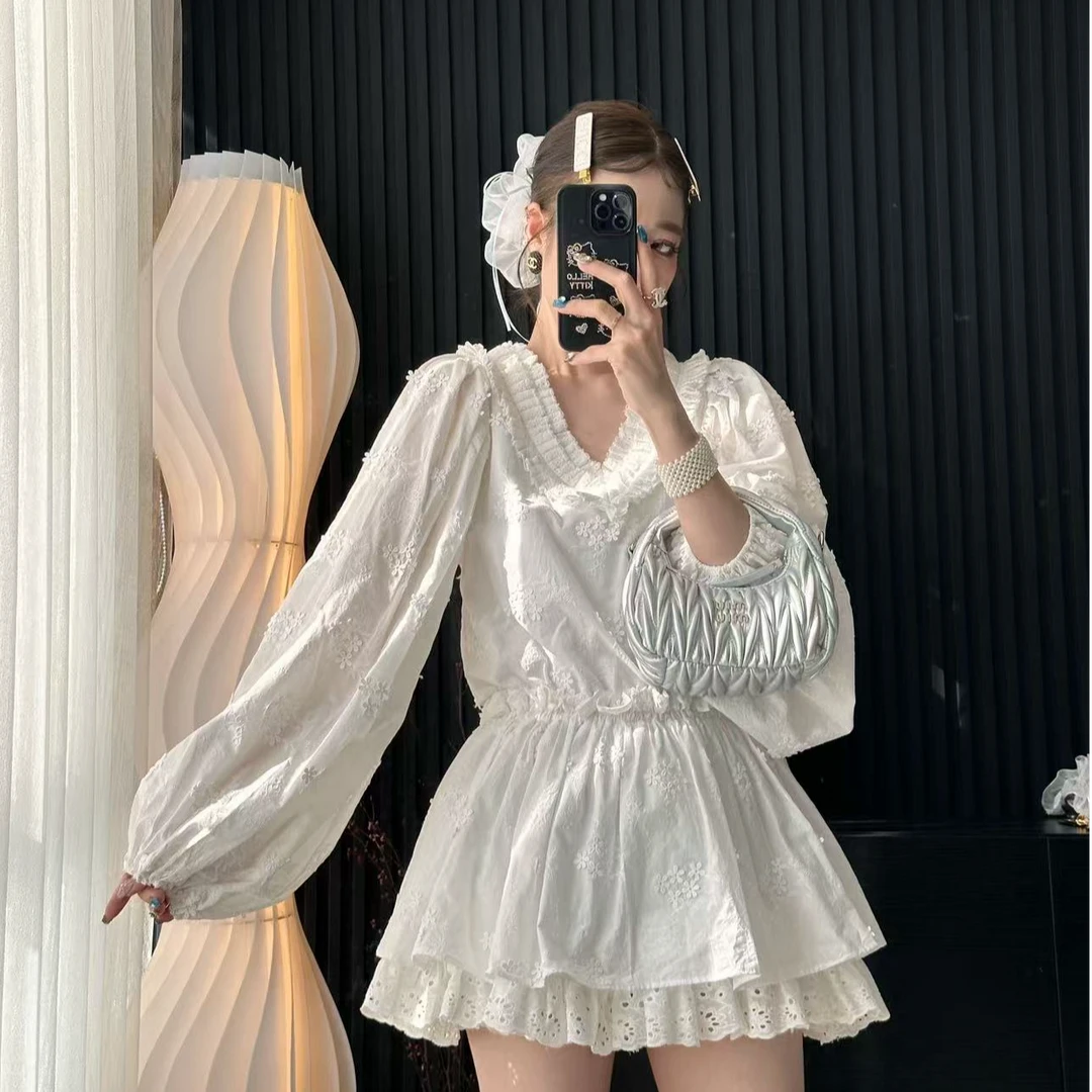 TongTong女系 【春季新款】新品提花刺绣收腰薄纱泡泡袖连衣裙