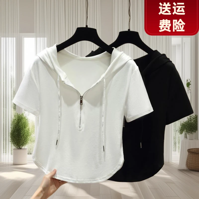 连帽短袖t恤女白色夏季2025新款韩版休闲抽绳体恤女带帽拉链上衣