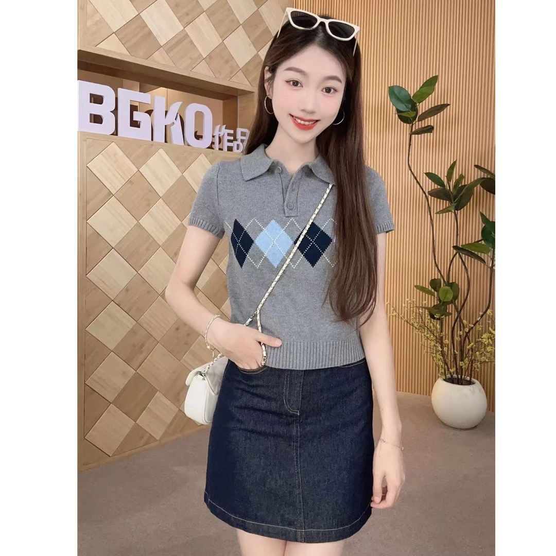 碧高小个子女装 夏季新款学院风菱格短袖针织牛仔A裙上下两件套装
