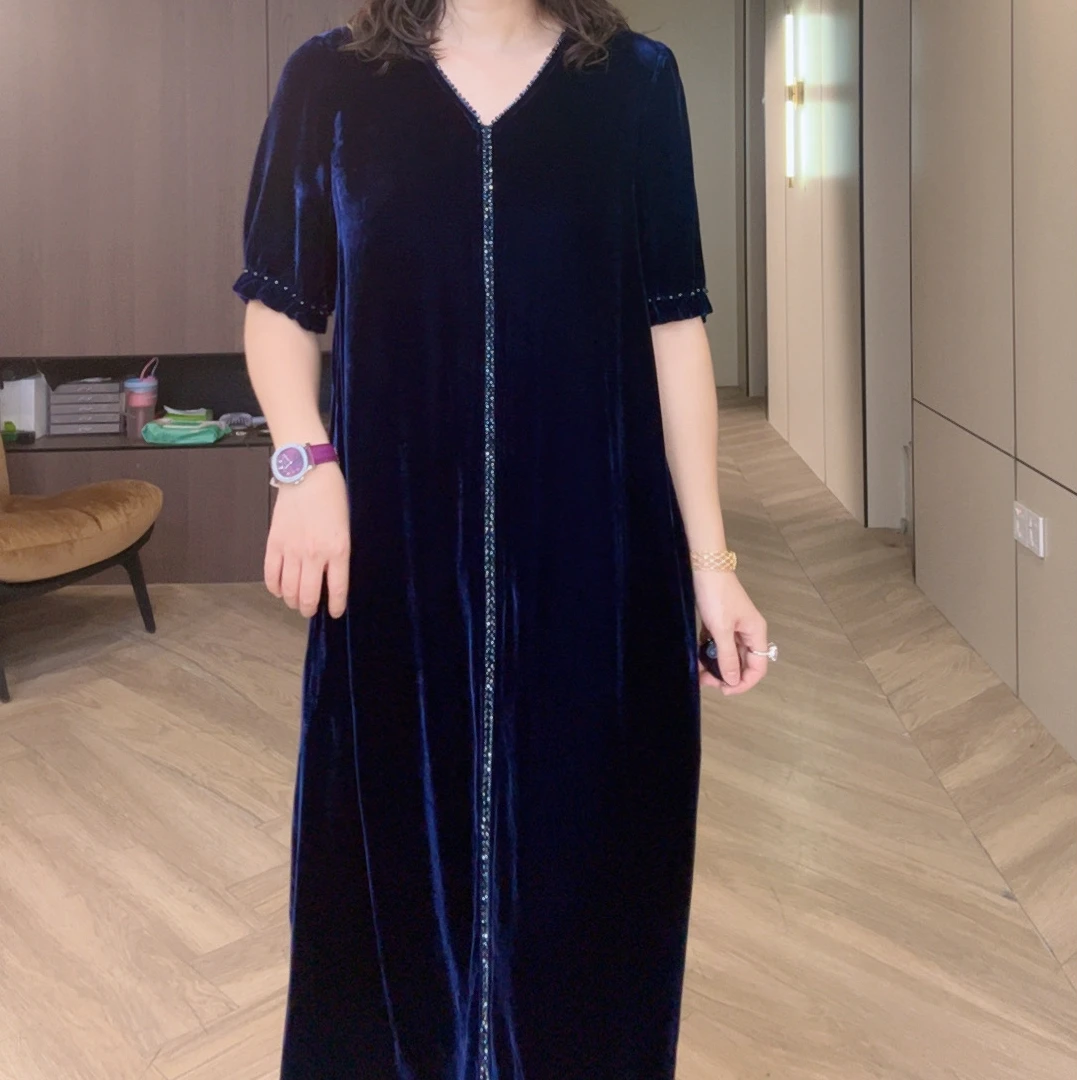 25155Q袖口钉珠宝蓝v领真丝丝绒夏季连衣裙m115