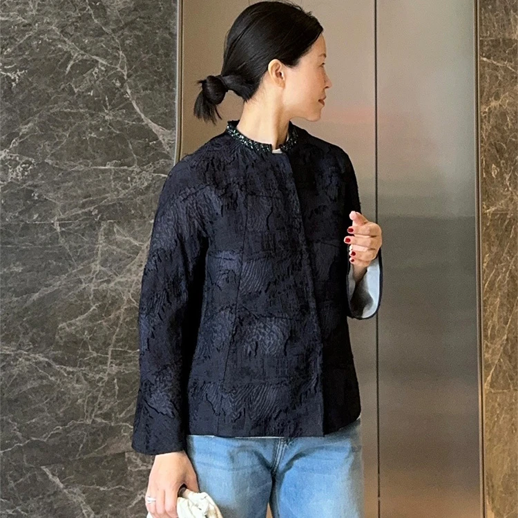 ZZ·DANGDANG【轻奢时尚】藏青色人丝提花重工短外套