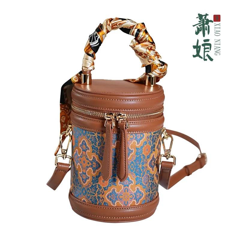 萧娘【水桶包】新中式宋锦女包古典斜挎单肩手提水桶小包2152