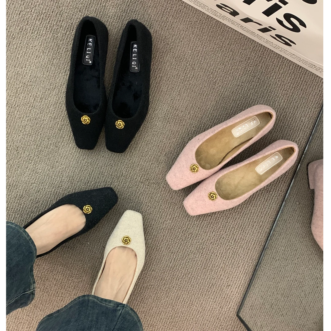 法式高级小众深灰毛呢单鞋女鞋子2025秋冬低跟气质尖头晚晚小皮鞋