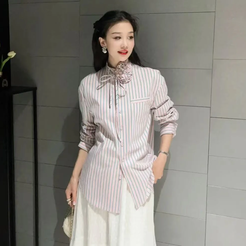 GIRDEAR/哥弟港风条纹长袖立领复古高级感衬衫130050