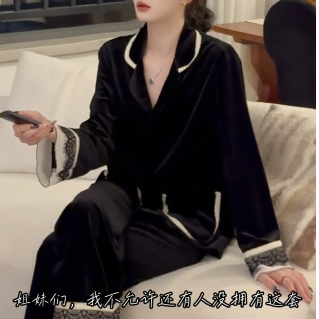 秋季金丝绒睡衣女秋冬加绒蕾丝花边黑色高级感小香风家居服两件套
