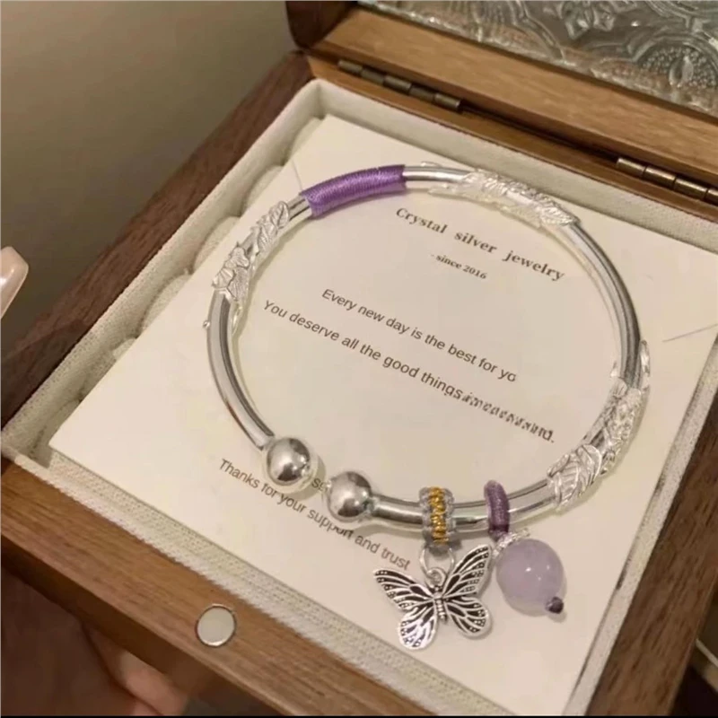 足银手镯 足银999纯银镯子繁花似锦Kitty猫银手镯女简约开口款