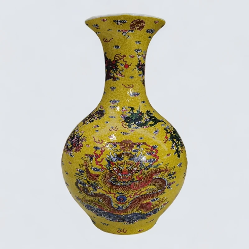 景德镇陶瓷花瓶釉上彩黄底龙纹赏瓶