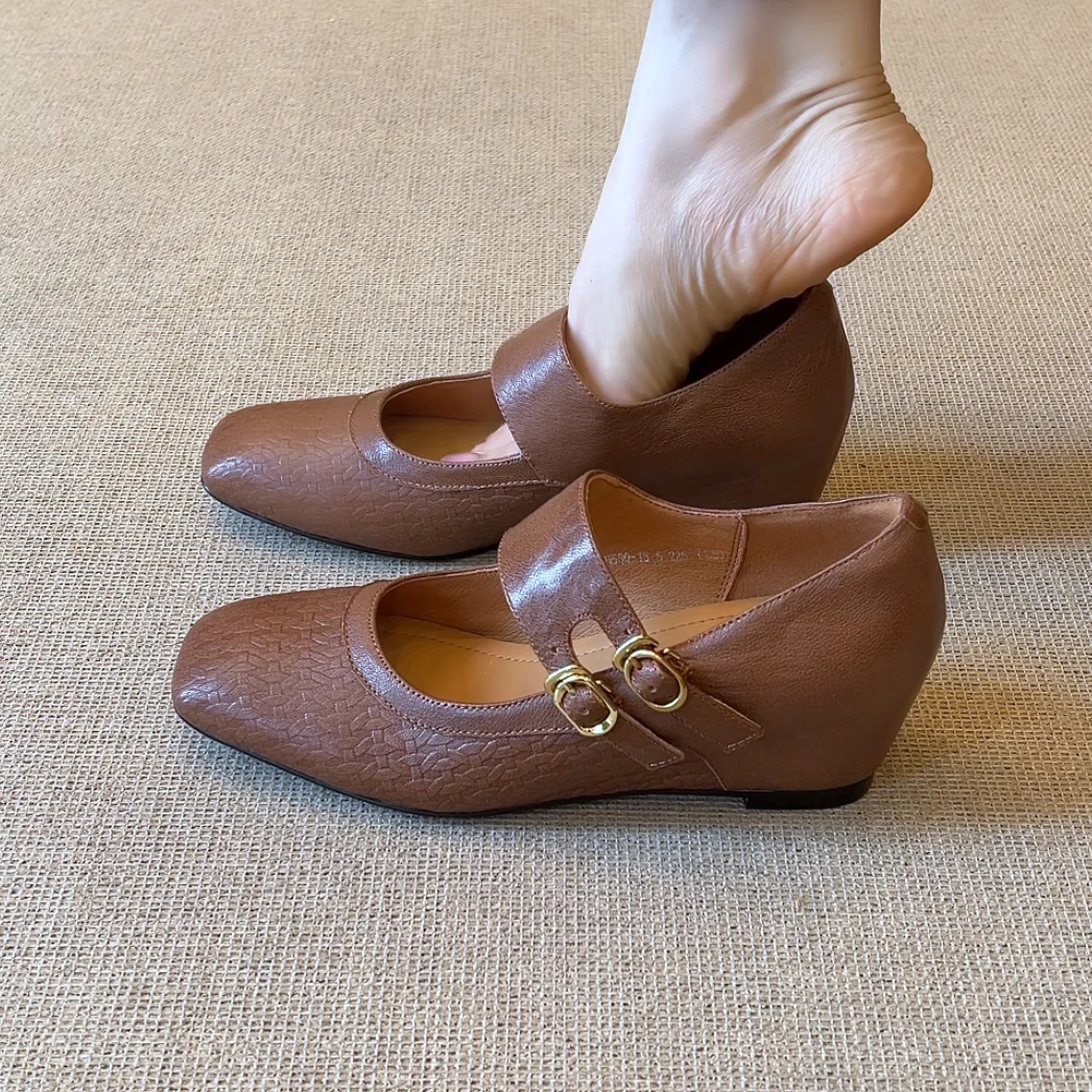 RubyL/5cm百搭通勤复古风方头编织纹双扣带浅口内增高单鞋女款