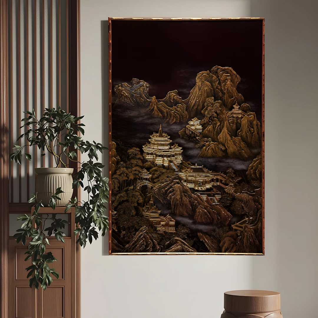 【本尼家】PF26中式复古实木边框堆漆贴金箔玄关客厅壁装饰画