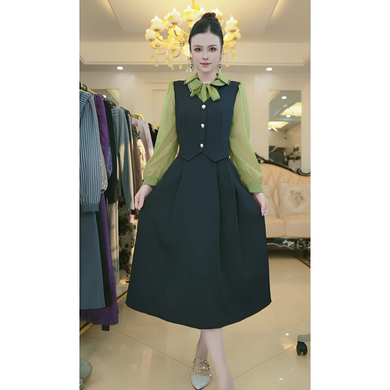 娃娃领假三件显瘦连衣裙子女士早秋新款中长遮肚减龄A字裙9103