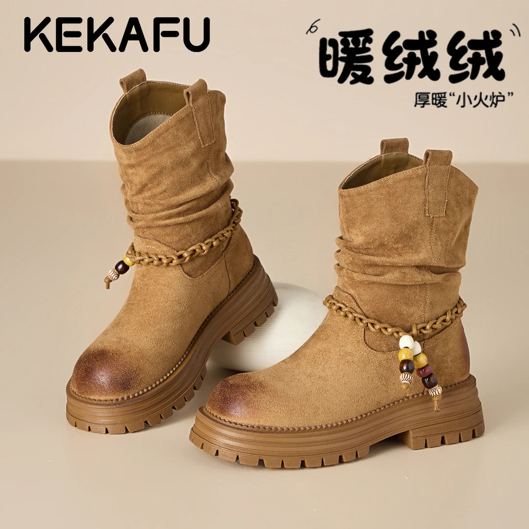 珂卡芙棕色复古厚底棉靴女新款冬加绒堆堆靴增高中筒美拉德西部靴