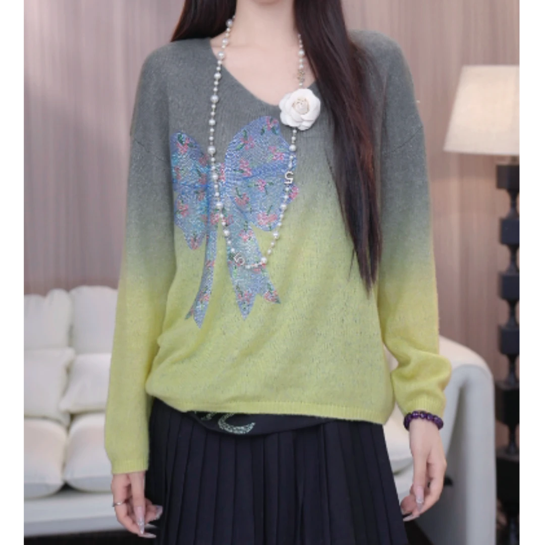 TCH私服秋款时尚休闲风烫钻淑女绿色针织衫T75C09E5139轻奢tch