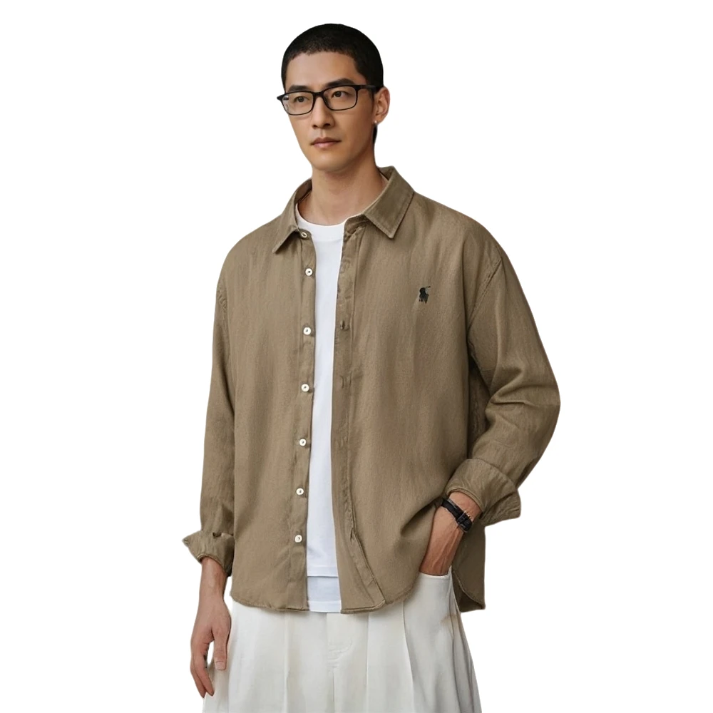 3303百分百纯亚麻方领长袖衬衫男士商务休闲日系百搭衬衣文艺男装