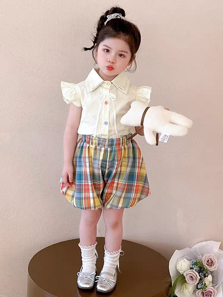 1792女小童夏季衬衣格子花苞裤套装新款女宝宝洋气小飞袖两件套