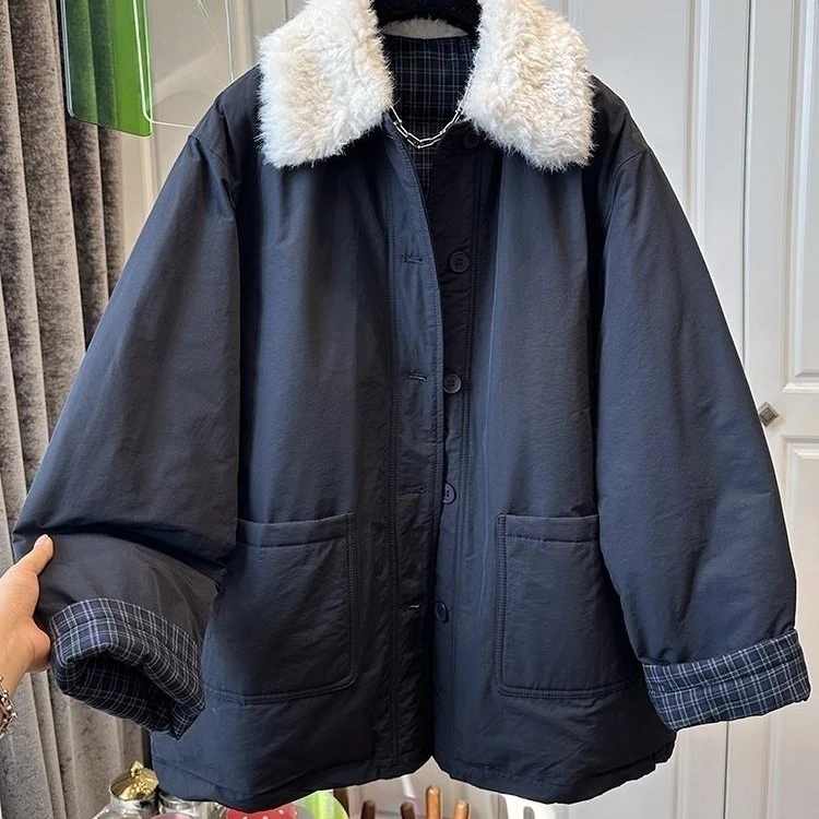 欧洲站毛茸茸翻领拼接中长款女夹棉厚款外套宽松慵懒2025冬季新款