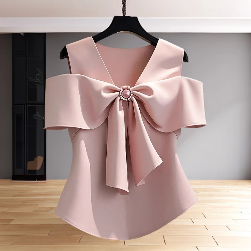 洋气高端法式独特绝美小上衣粉色露肩蝴蝶结v领衬衫女夏2025新款