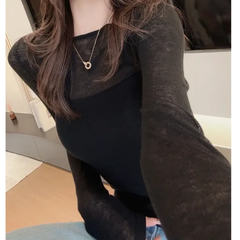纯色针织衫上衣女2025新款春季洋气女人味微透纯欲气质减龄长袖