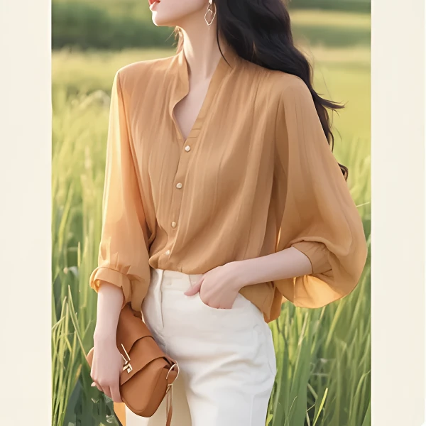 今年流行漂亮高级感超好看上衣独特别致设计感姜色衬衫春季