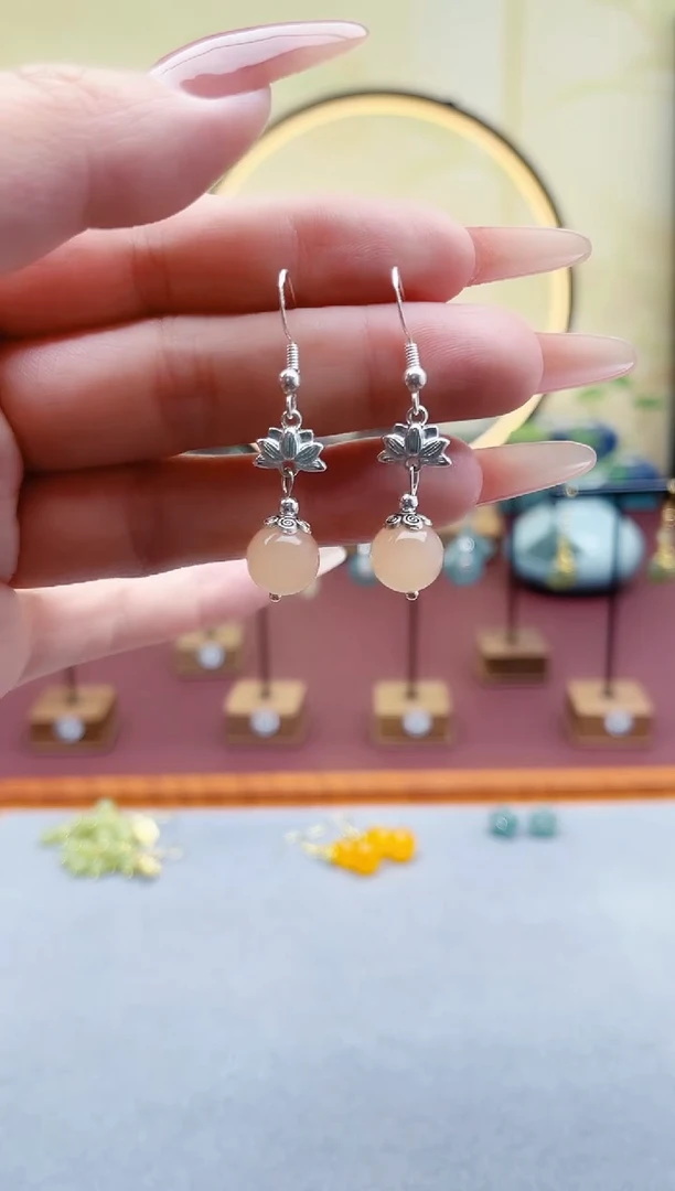 未镶嵌耳饰玛瑙/玉髓00藕粉荷花