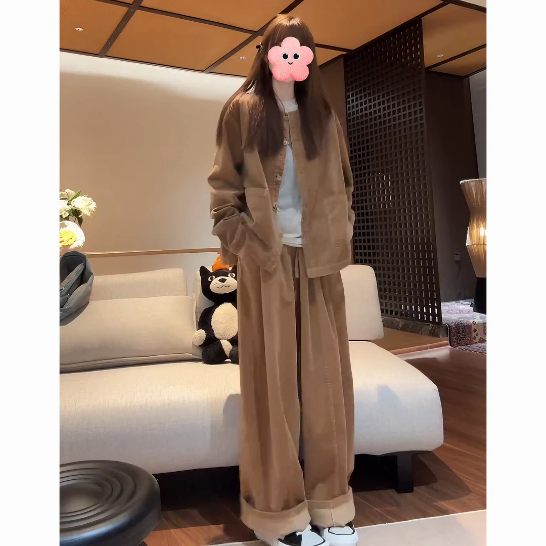 焦糖灯芯绒宽松圆领系扣外套+休闲松紧腰阔腿长裤套装LK2505648
