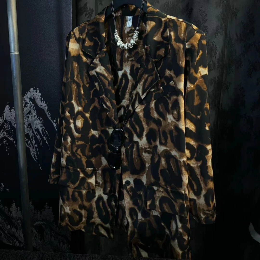 豹纹西装领开衫上衣女2025春季新款高端百搭气质御姐风长袖