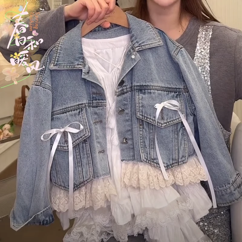 女童蕾丝花边牛仔外套2025春秋款中大童开衫蝴蝶结小香风时髦拼接