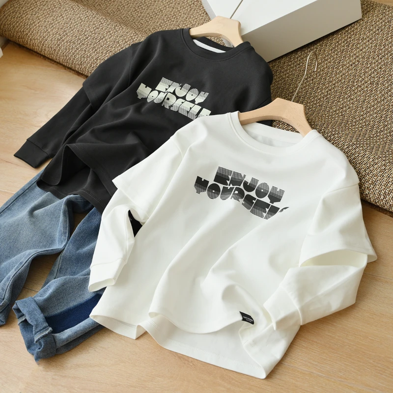 儿童假两件T恤 男童女童休闲长袖衫 中大童字母打底衫 春秋 87378