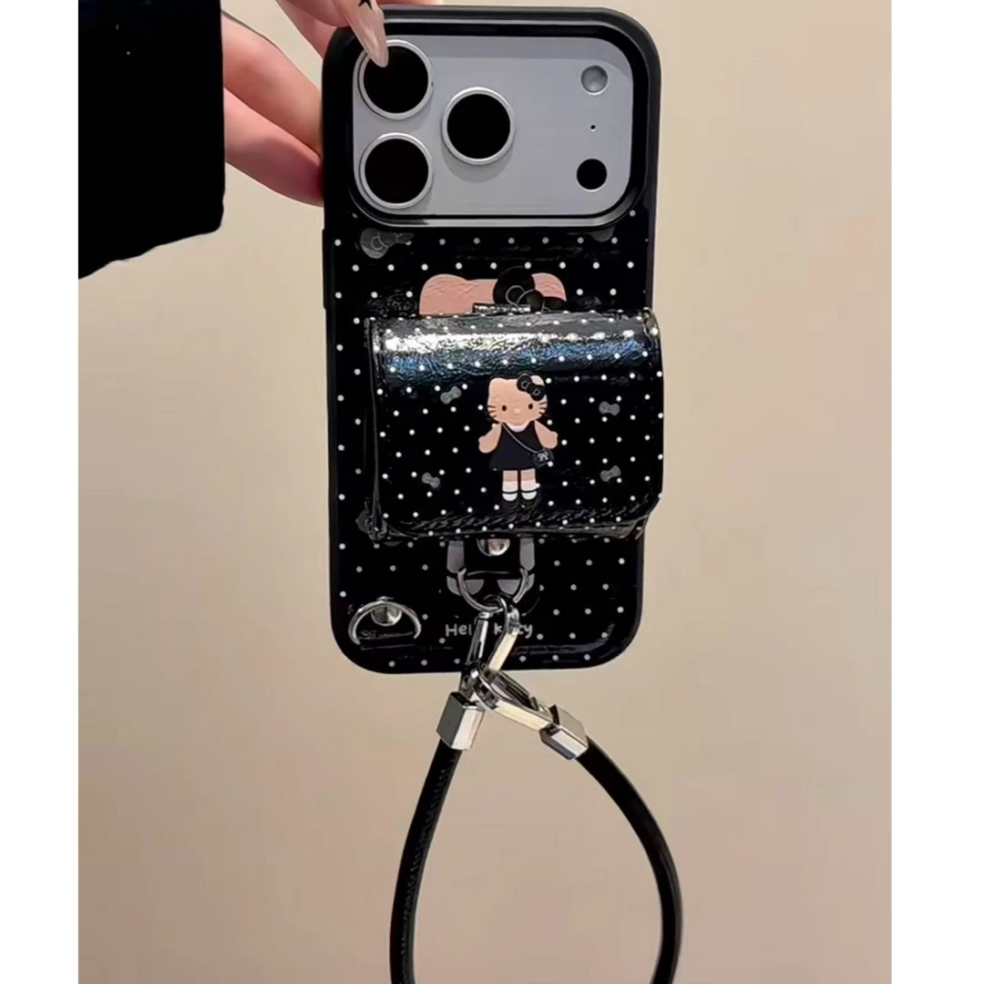 ins秋冬黑色波点kt耳机包支架手机壳适用于苹果17promax/16可爱