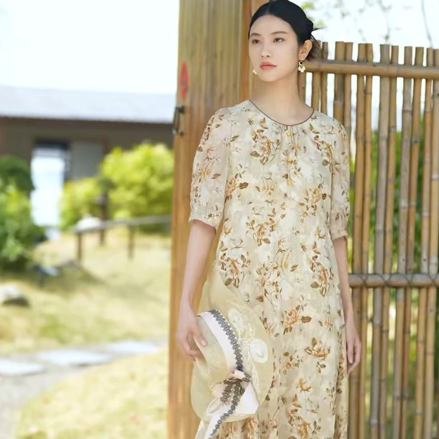 佐尔美秋季新款气质100%桑蚕丝真丝夏季碎花连衣裙裙子女M长裙S61