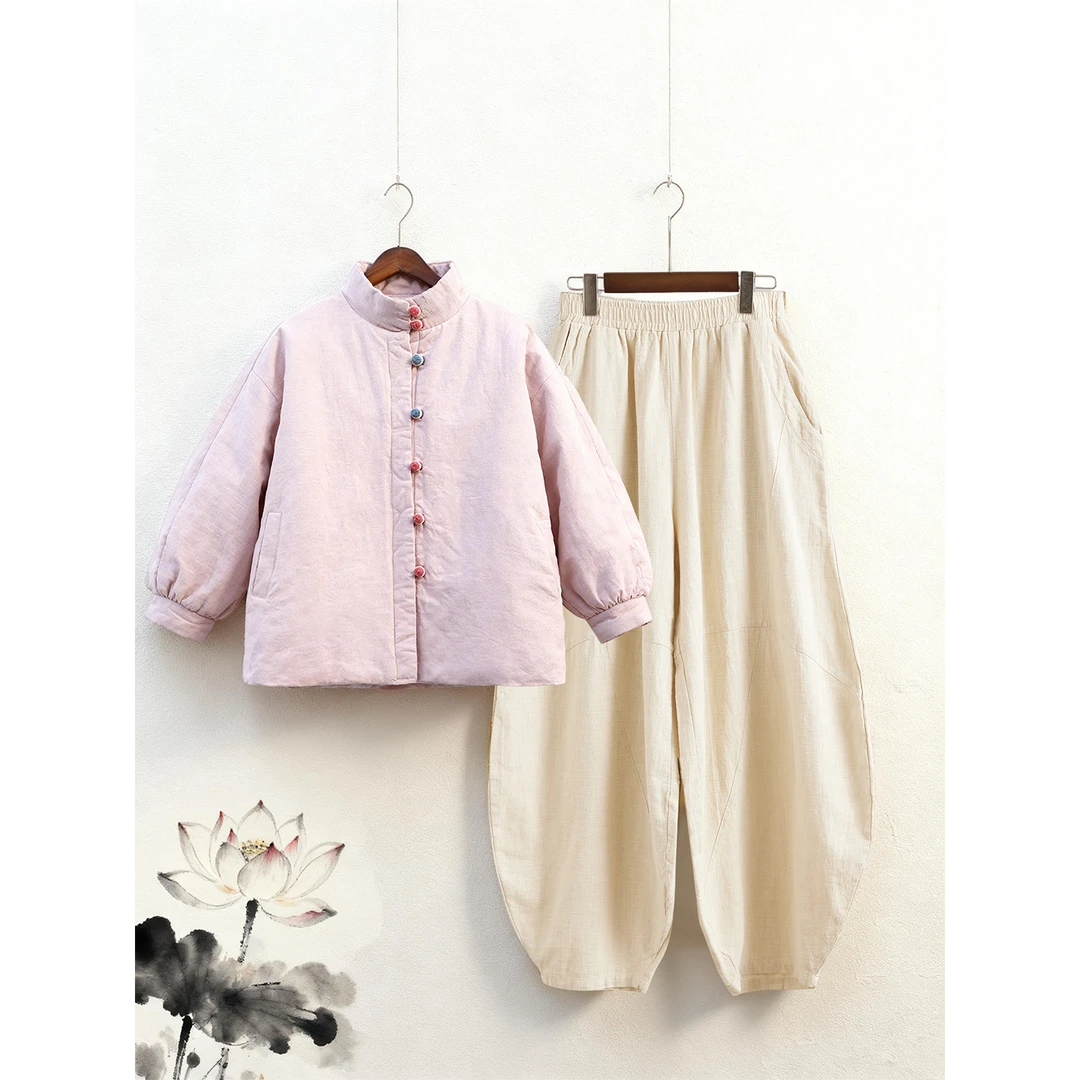 佛系禅意居士服女款秋冬棉麻夹棉外套新中式棉袄盘扣棉服修行禅服