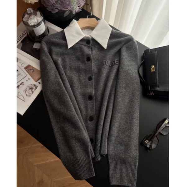 MANYI学院风~减龄POLO领可拆卸宽松假两件灰色长袖羊毛针织开衫