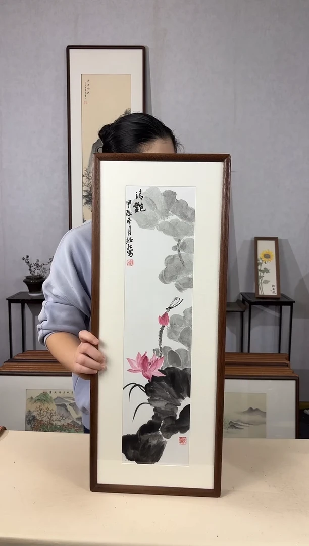 国画手绘*荷花*28*72cm实木框