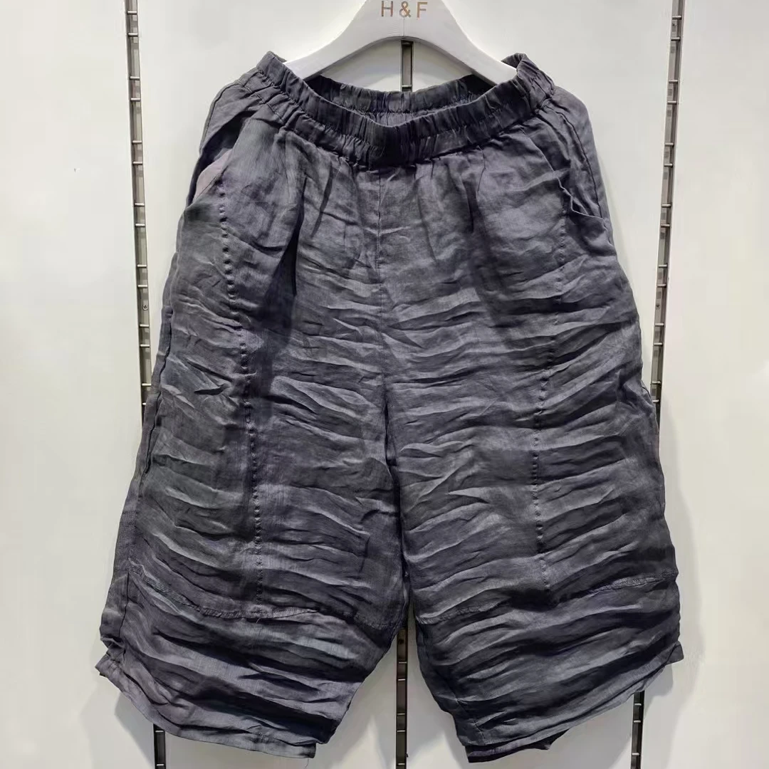 2025夏装新款100织苎麻新国风大码宽松双层松紧腰七分弯刀裤