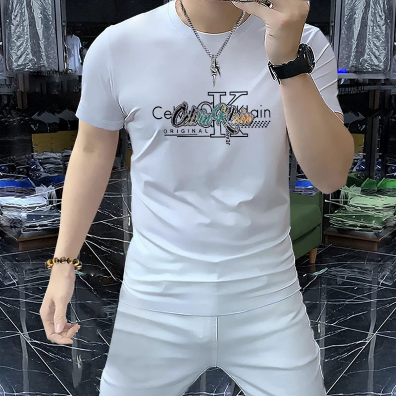 夏季新款薄款男士短袖T恤修身圆领帅气冰丝上衣打底半袖ins体