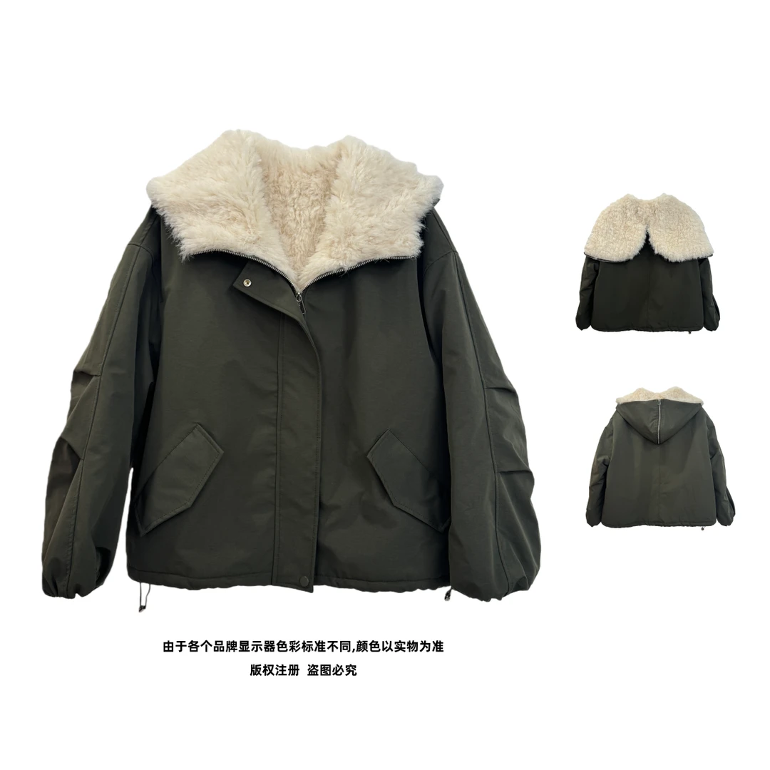 韩系两穿大翻领连帽短款时尚派克服棉服冬季新款巨保暖毛绒外套