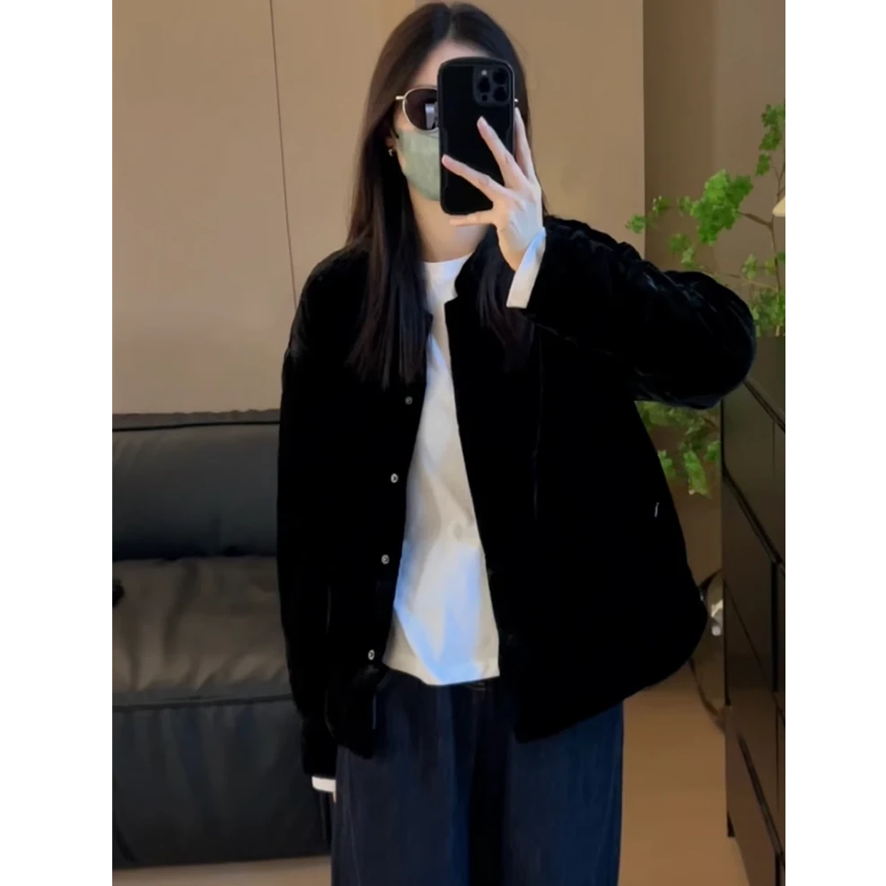 高级感黑色丝绒外套女冬季2024年新款加厚保暖复古新中式国风棉服