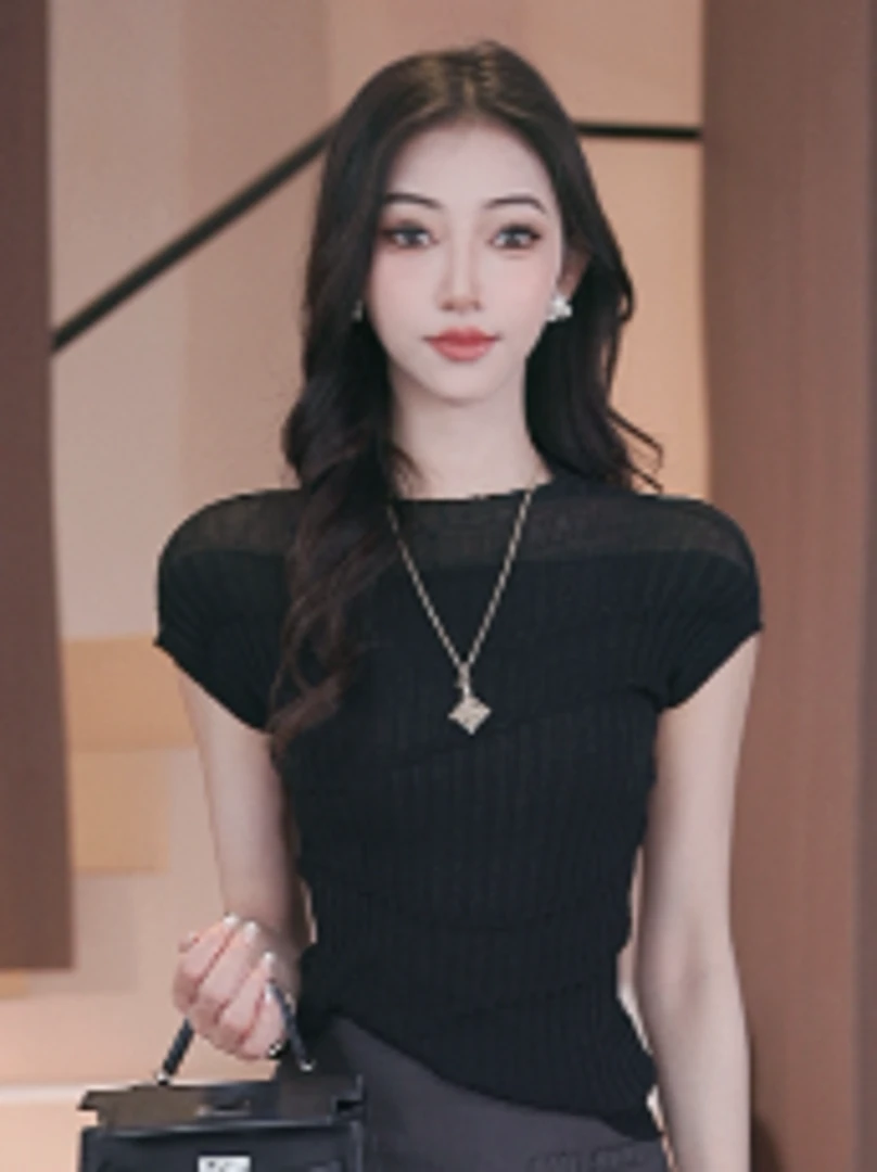 黑色短袖针织衫女2025夏季新款设计感不规则修身显瘦上衣KK-1061