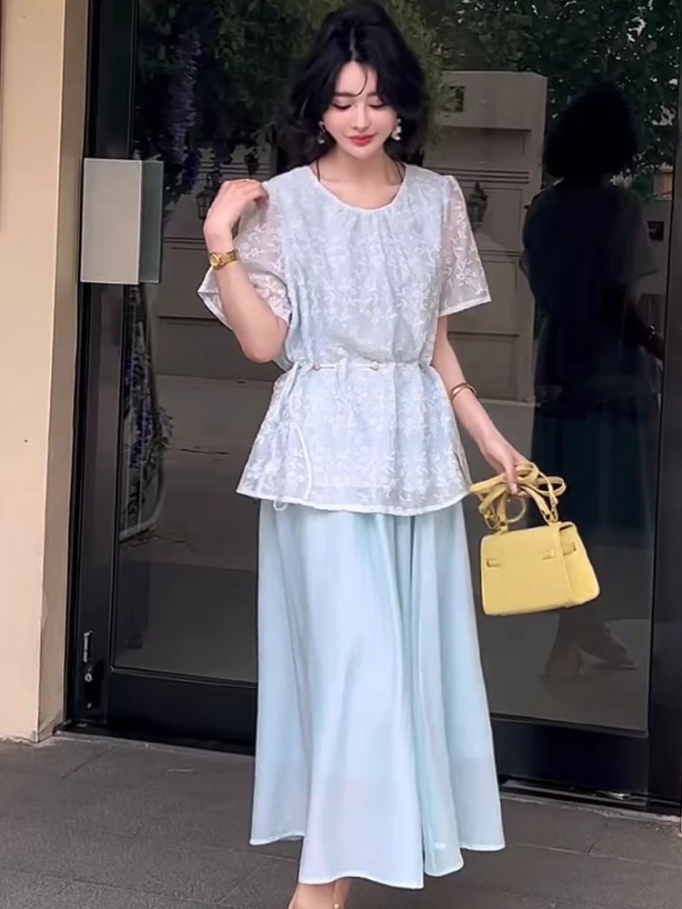 大码刺绣短袖T恤衫女半身裙子套装胖mm2025夏季新款显瘦宽松女装